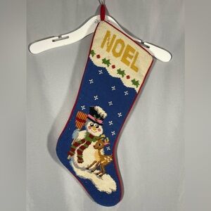 Vintage Handmade Lined Needlepoint Snowman Christmas Stocking Red Cotton Backing